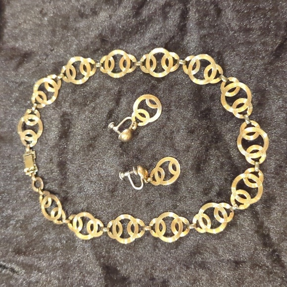 1940s Art Deco Signed Symmetallic 14kt Gold Sterling Necklace w Earrings Set - Picture 1 of 8